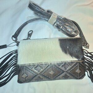 Montana West Black White Cowhide fringe over shoulder handbag Western